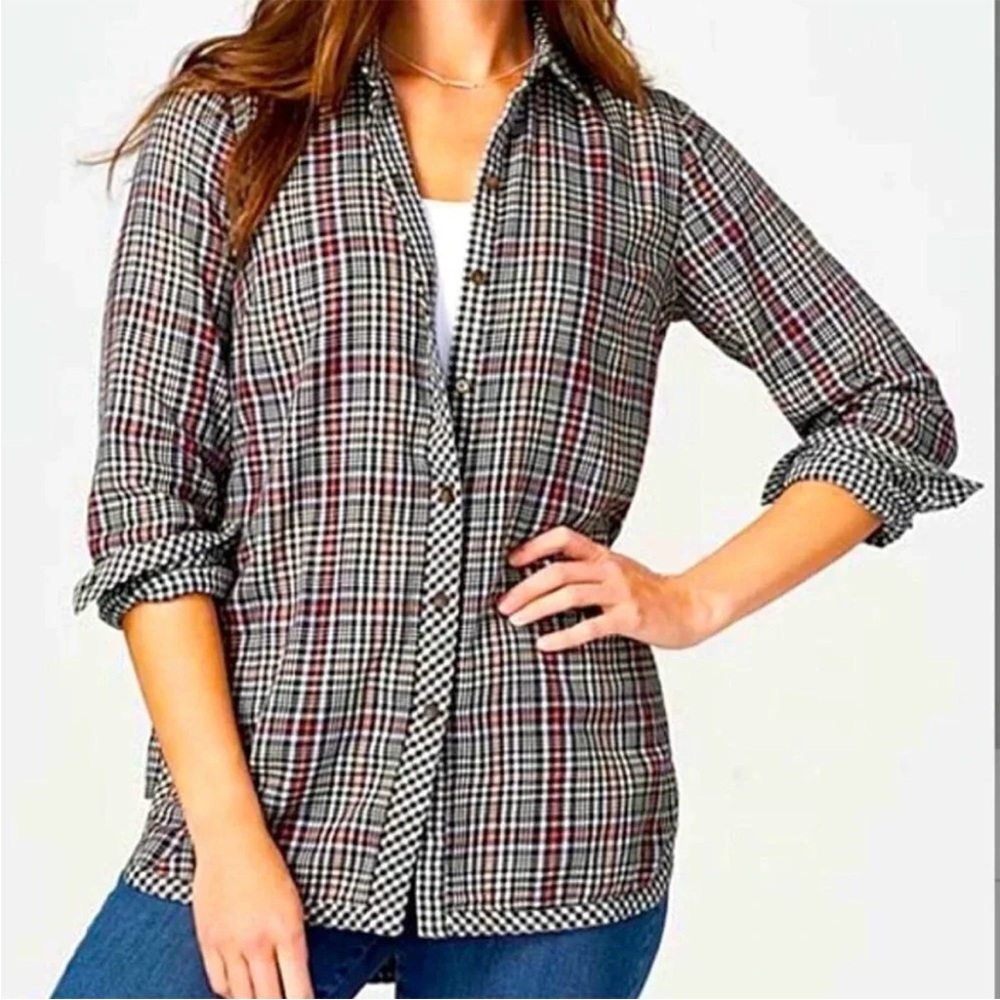 J. Jill Plaid Button Down Flannel Shirt Double Cloth Tunic 100% Cotton Size XL